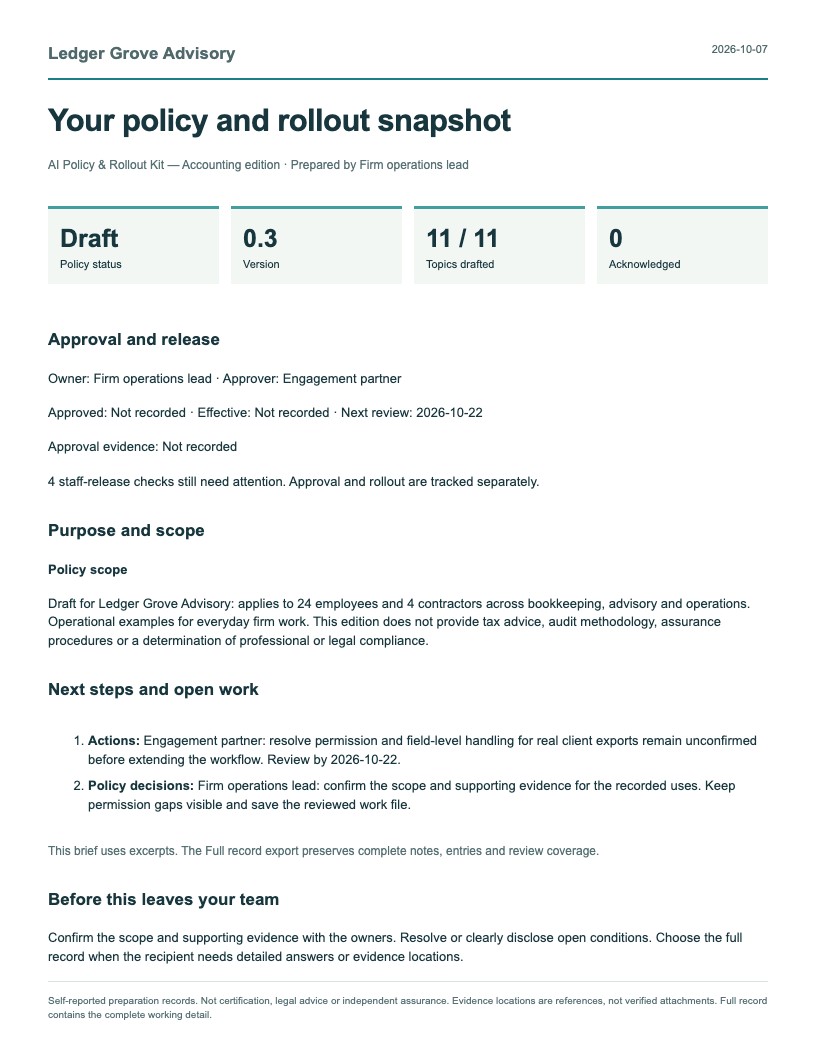First page of the AI Policy & Rollout Kit report, using fictional Ledger Grove Advisory records