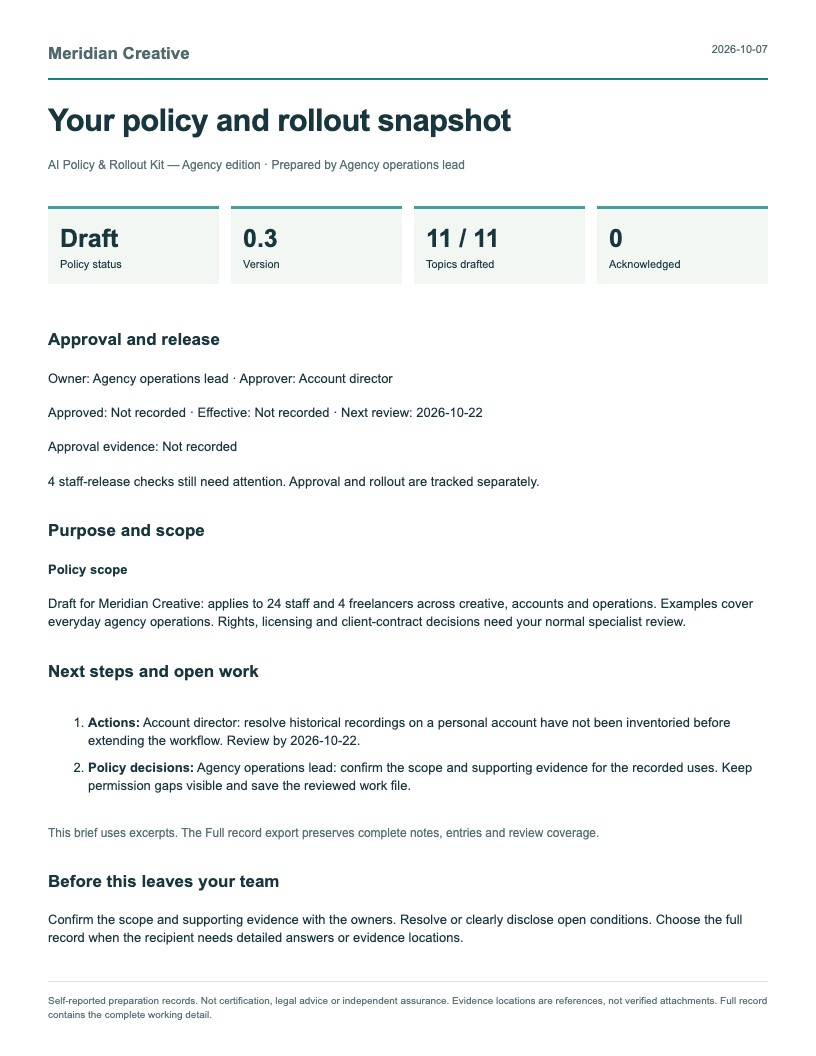 First page of the AI Policy & Rollout Kit report, using fictional Meridian Creative records