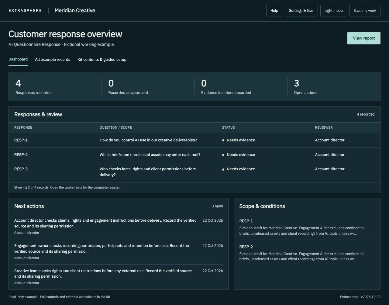 AI Questionnaire Response Kit dashboard with fictional Meridian Creative records