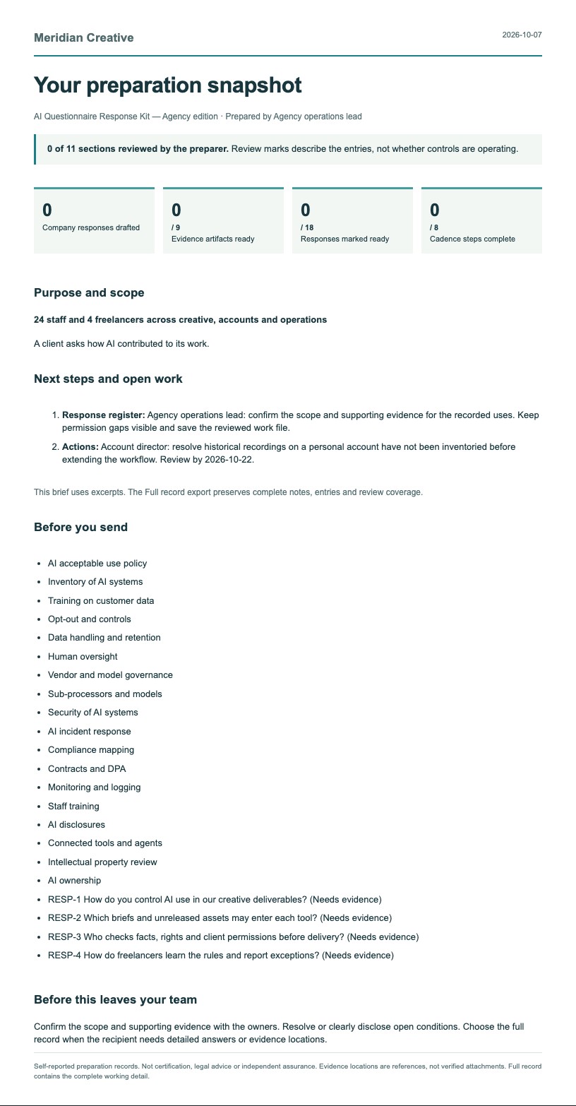 First page of the AI Questionnaire Response Kit report, using fictional Meridian Creative records