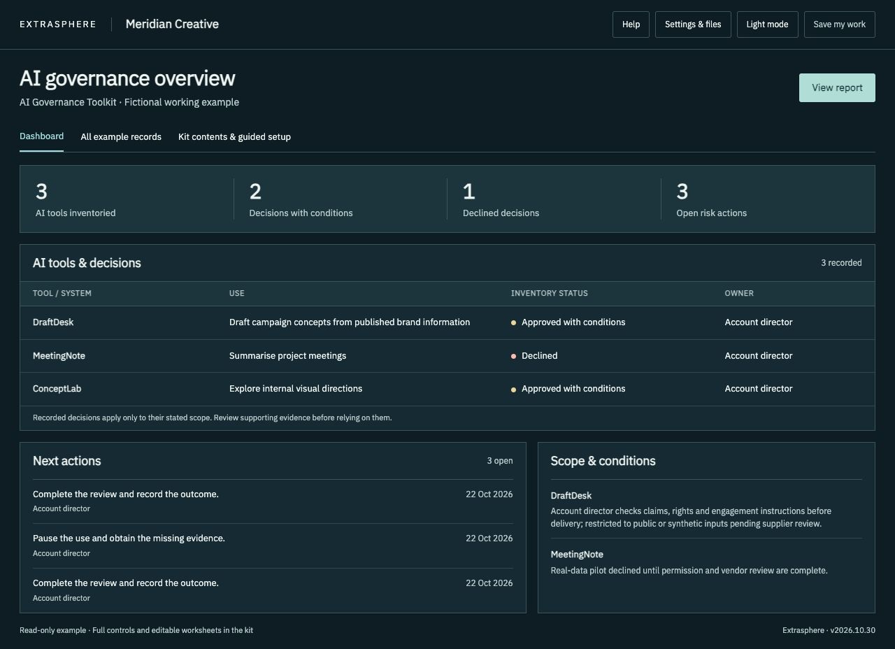 AI Governance Toolkit dashboard with fictional Meridian Creative records