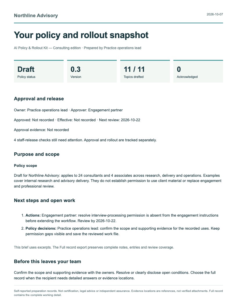 First page of the AI Policy & Rollout Kit report, using fictional Northline Advisory records