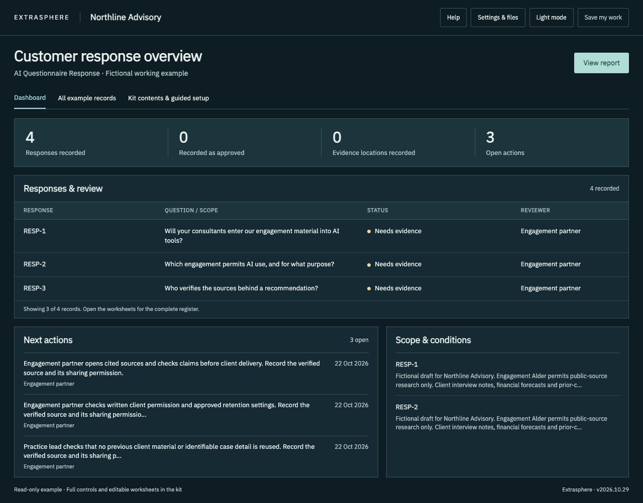 AI Questionnaire Response Kit dashboard with fictional Northline Advisory records
