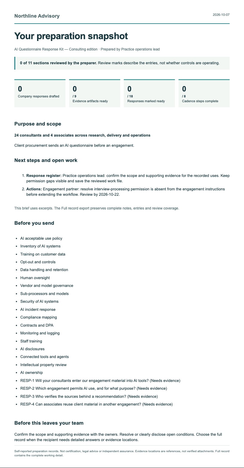 First page of the AI Questionnaire Response Kit report, using fictional Northline Advisory records