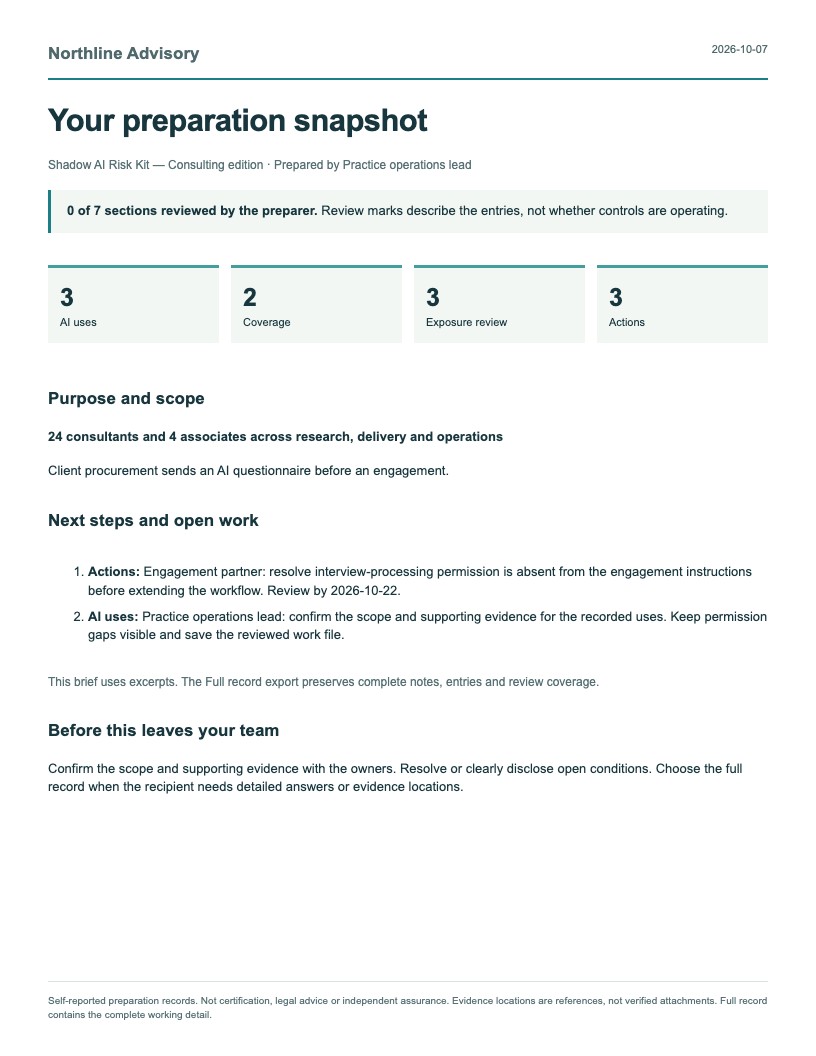 First page of the Shadow AI Risk Kit report, using fictional Northline Advisory records