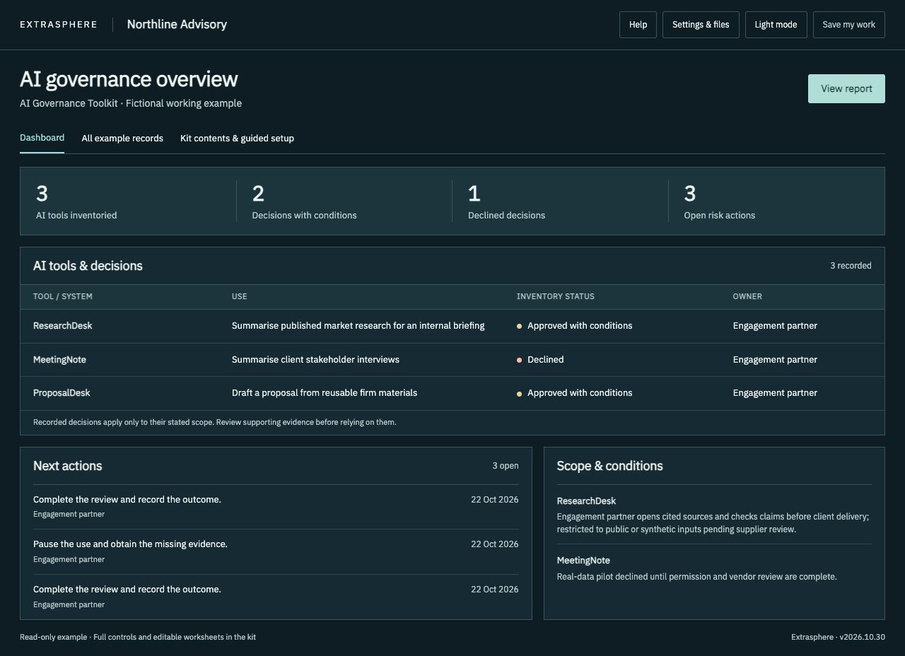 AI governance dashboard with fictional Northline Advisory records