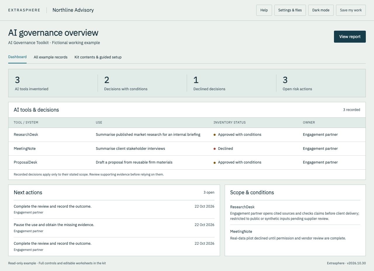 AI governance dashboard with fictional Northline Advisory records