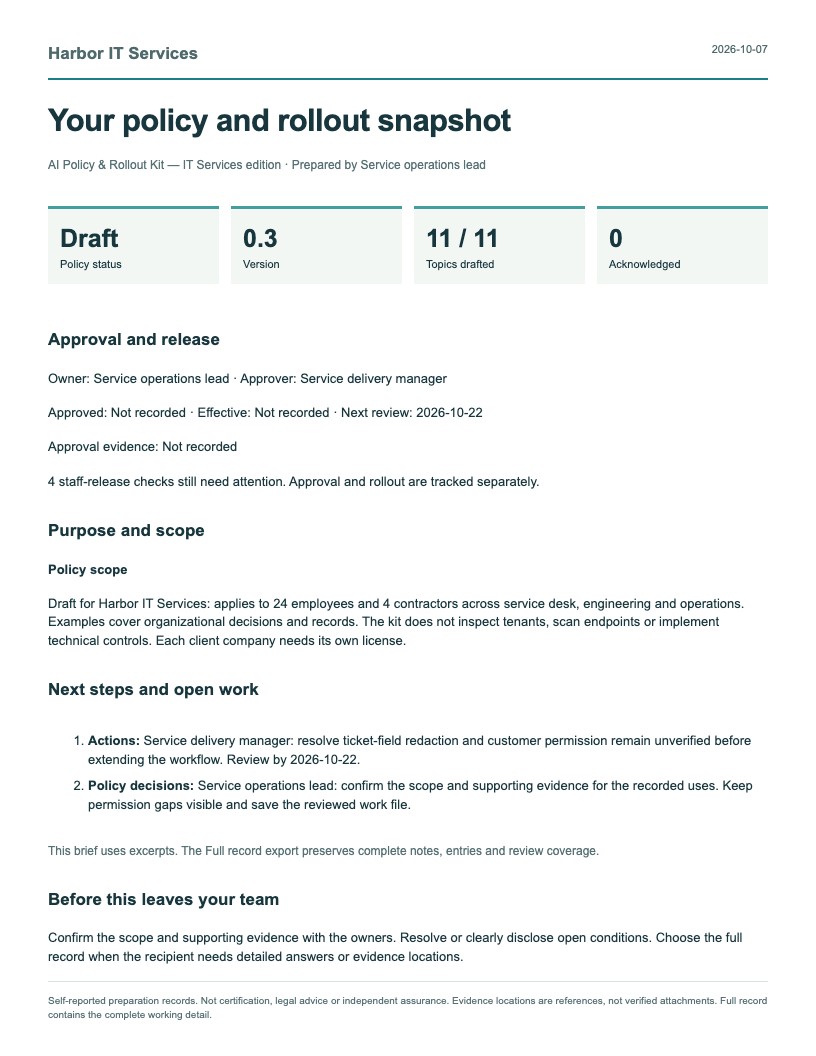 First page of the AI Policy & Rollout Kit report, using fictional Harbor IT Services records