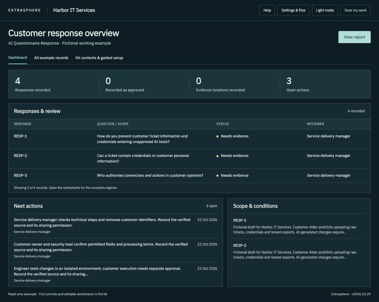 AI Questionnaire Response Kit dashboard with fictional Harbor IT Services records