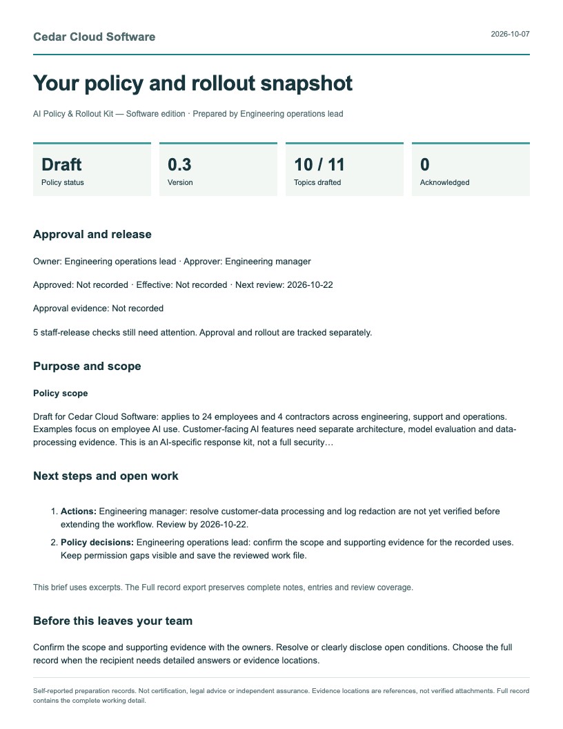 First page of the AI Policy & Rollout Kit report, using fictional Cedar Cloud Software records