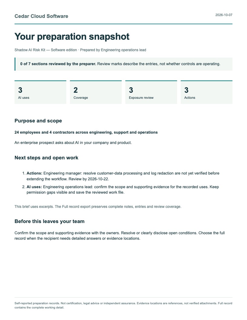 First page of the Shadow AI Risk Kit report, using fictional Cedar Cloud Software records