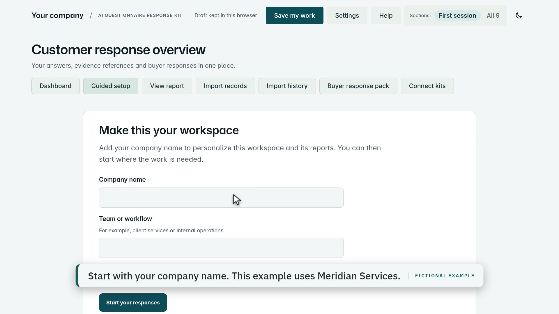 Still from the AI Questionnaire Response Kit video, with a fictional example company