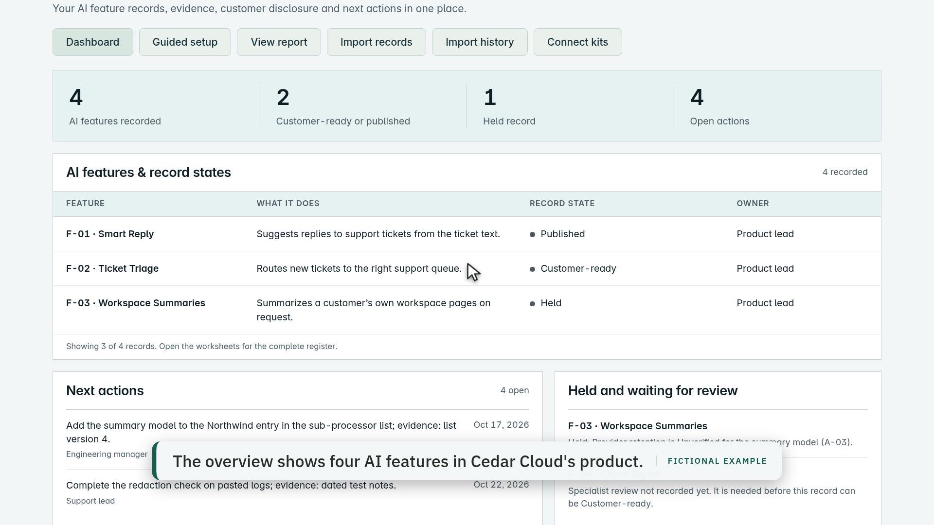 Still from the AI Feature Record Kit walkthrough video, with the fictional Cedar Cloud Software records