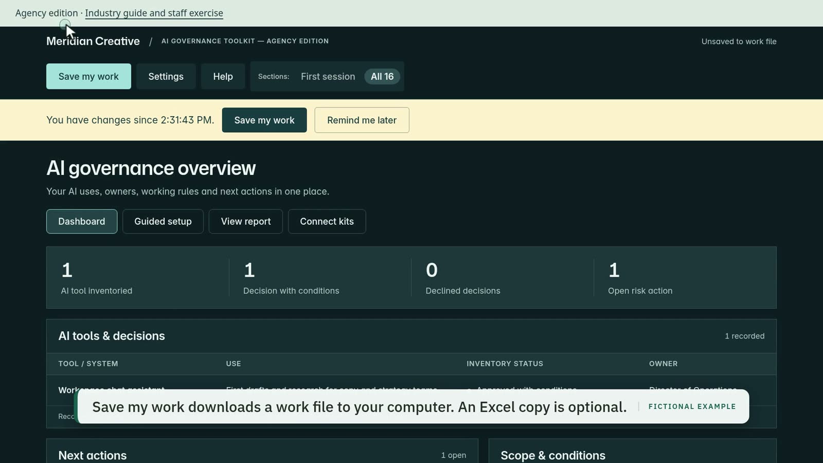 Still from save my work, then restore it, fictional example company