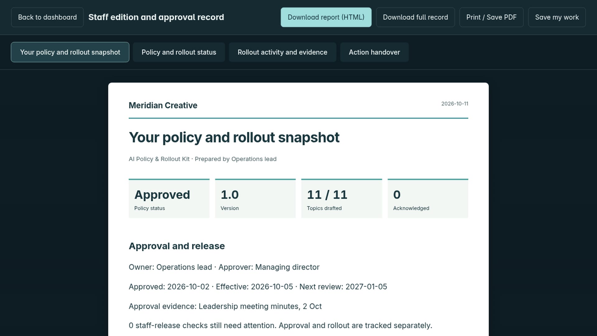 Still from the AI Policy & Rollout Kit video, with a fictional example company
