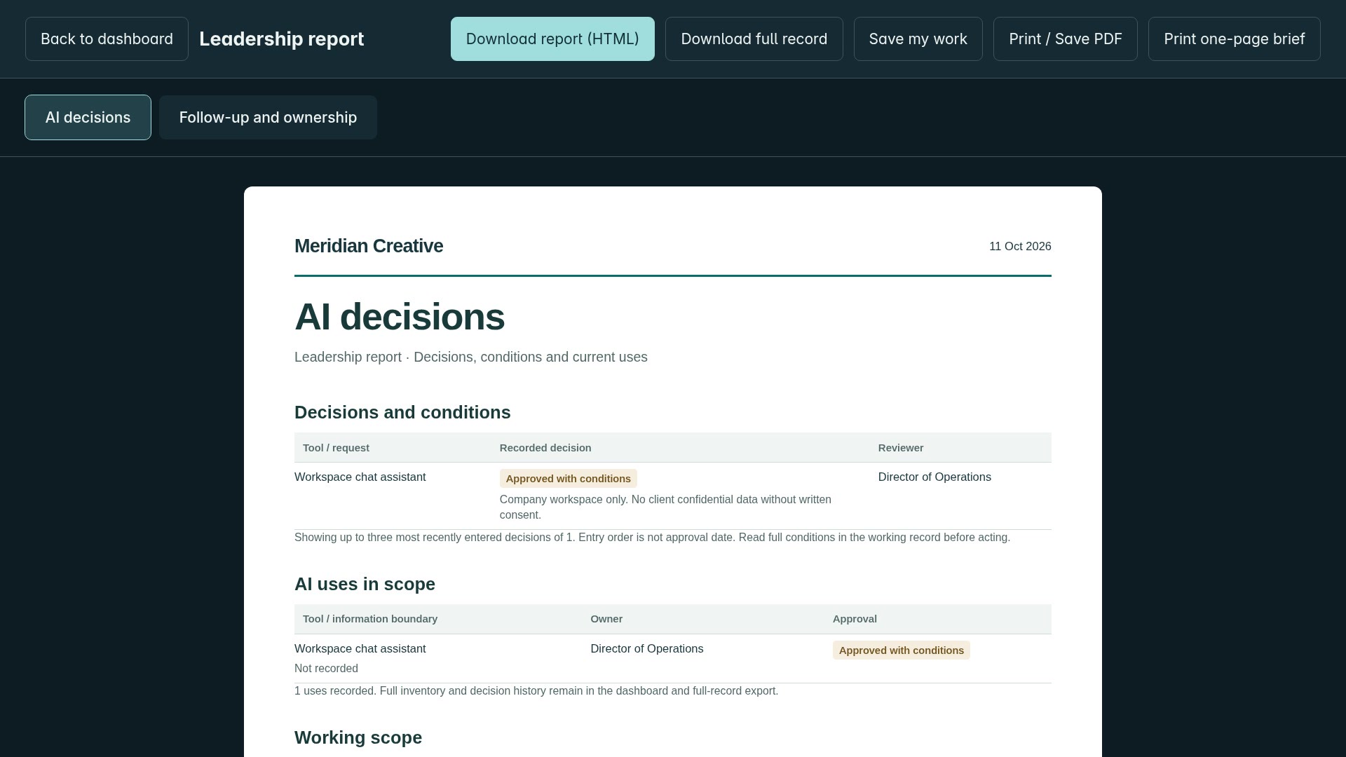 Still from the AI Governance Toolkit video, with a fictional example company